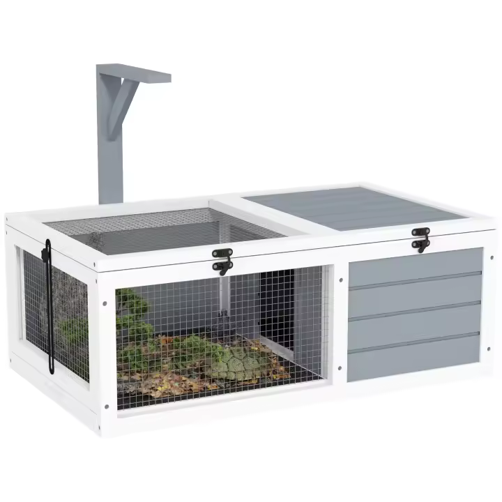 PawHut Recinto para tortugas, casa de madera para exteriores con portalámparas, 2 bandejas deslizantes, jaula para tortugas, conejos y animales pequeños, dimensiones 81 x 48 x 31,5 cm, gris claro - 1