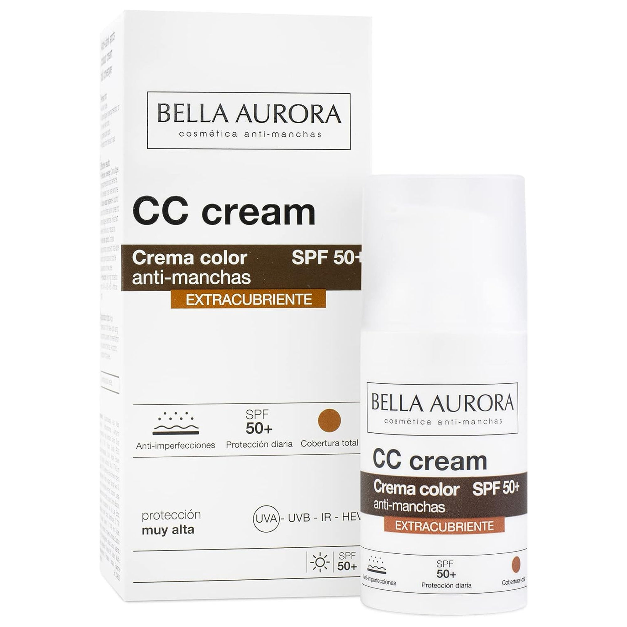 BELLA AURORA - CC Cream Antimanchas Extracubriente SPF50+ 30 ml, Protector Solar Antimanchas, Crema Color Antimanchas, para Hiperpigmentaciones y Unificar el Tono, Crema Solar Facial, Cobertura Óptima