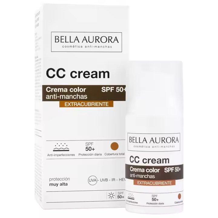 BELLA AURORA - CC Cream Antimanchas Extracubriente SPF50+ 30 ml, Protector Solar Antimanchas, Crema Color Antimanchas, para Hiperpigmentaciones y Unificar el Tono, Crema Solar Facial, Cobertura Óptima - 1