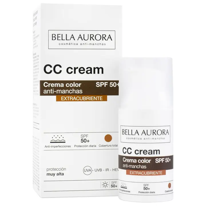 BELLA AURORA - CC Cream Antimanchas Extracubriente SPF50+ 30 ml, Protector Solar Antimanchas, Crema Color Antimanchas, para Hiperpigmentaciones y Unificar el Tono, Crema Solar Facial, Cobertura Óptima - 1