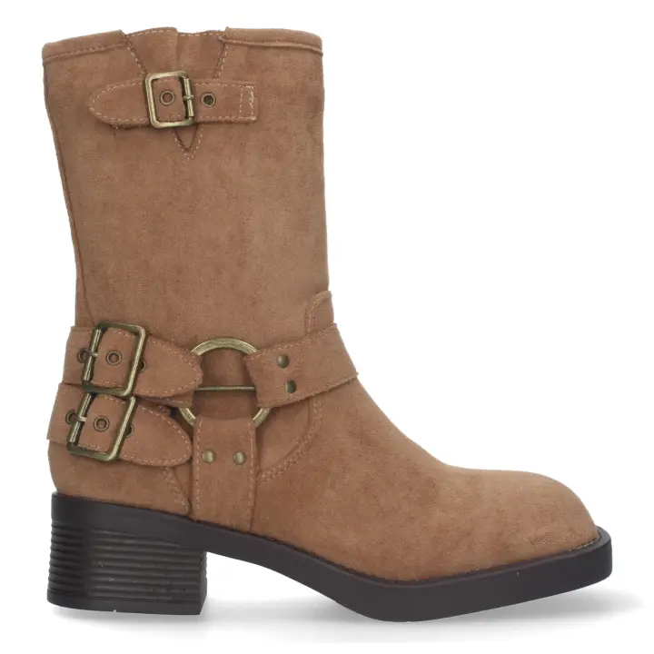 PuntoSalao Botas moteras tacón bajo hebillas mujer color camel S-2507 - 1