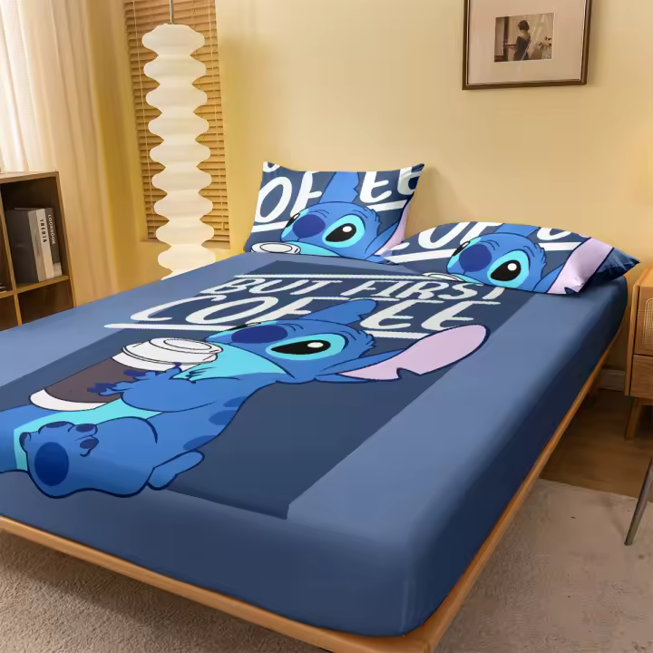 Sábana Ajustable Con Patrón De Stitch Cartoon Impreso Digitalmente Cobertor De Cama De Poliéster 100% Funda De Almohada No Incluida - 1