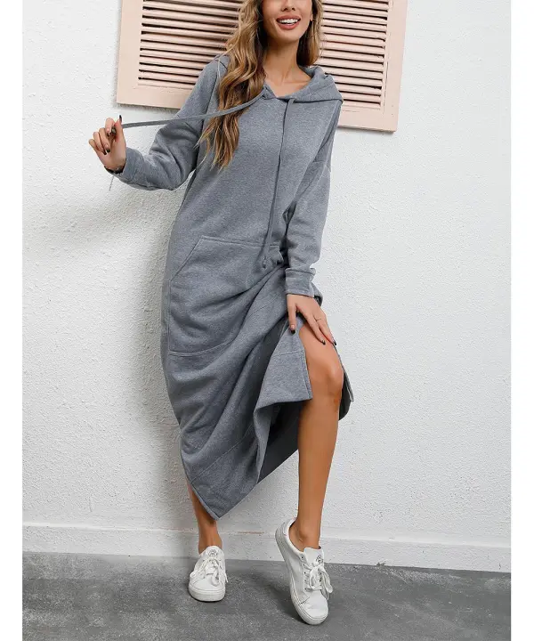 Vestido De Mujer Con Capucha Y Bolsillos Grandes Estilo Casual Elegante Para Oficina Manga Larga Suéter De Otoño Invierno Longitud Del Vestido Hasta El Tobillo - 1