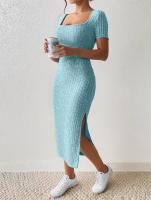 Vestido De Punto Midi Cuello Cuadrado Ajustado En La Cintura Con Abertura Para Mujer Versátil Para Todo El Año Vestido De Oficina - details 12