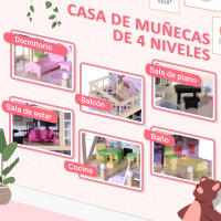 HOMCOM Casa de Muñecas con Muebles de 4 Niveles Altura 80,5 cm con 13 Accesorios Mobiliario Casita Muñeca Jueguetes de Madera 60,5x30x80,5 cm Rosa - details 3