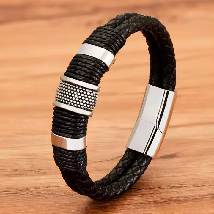 Pulsera De Cuero Genuino Con Diseño Clásico De Acero Inoxidable Para Hombres Estilo Especial Enredado De Cuero Y Acero Inoxidable Doble Capa 21cm - 1