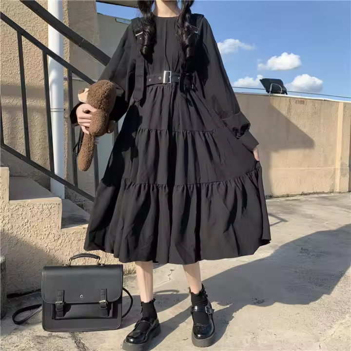 Vestido Midi Negro Harajuku Japonés Para Mujer Estilo Gótico Con Aros Y Volantes Vestido Bandage Ajustable Vintage Traje De Cosplay De Manga Larga Y Corte Ancho - 1