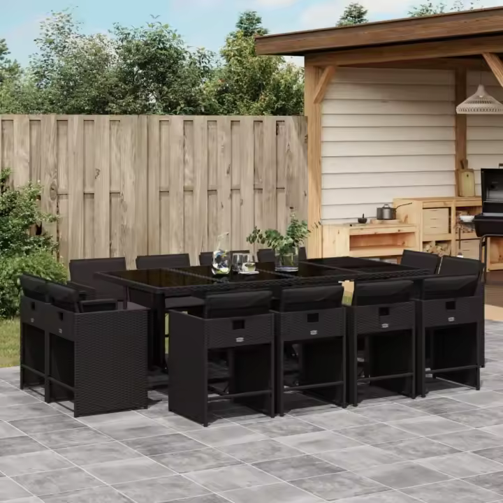 vidaXL Set comedor de jardín con cojines 13 pzas ratán sintético negro - 1