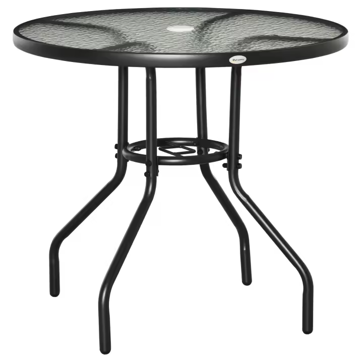 Outsunny Mesa de Jardín Redonda Mesa de Exterior Ø80x72 cm con Agujero para Sombrilla y Encimera de Vidrio Templado para Patio Terraza Negro - 1