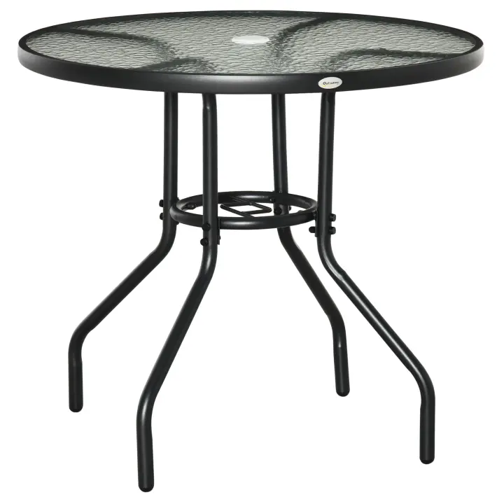 Outsunny Mesa de Jardín Redonda Mesa de Exterior Ø80x72 cm con Agujero para Sombrilla y Encimera de Vidrio Templado para Patio Terraza Negro - 1