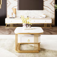Mesa de Centro apilable: efecto Mármol DE ALTO Brillo with detalles Dorados, Mesa Auxiliar Con Cajones. Juego de dos piezas - details 4