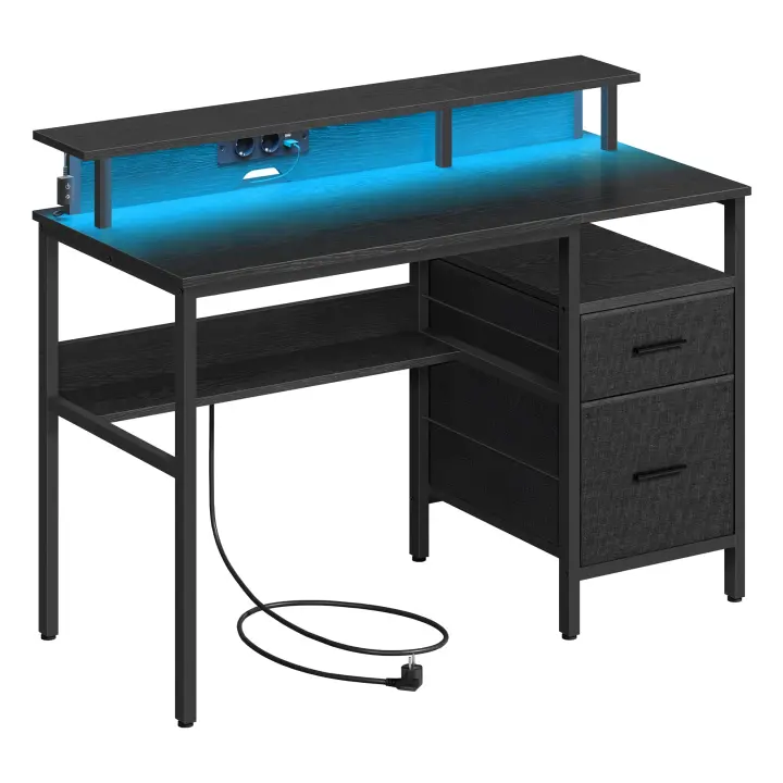 Escritorio Esquinero 120x55x90 cm con 2 Cajones de Tela, Estante para Monitor, Luces LED y Puertos USB, Tomas de Corriente Incorporadas, Ideal para Oficina en Casa - 1