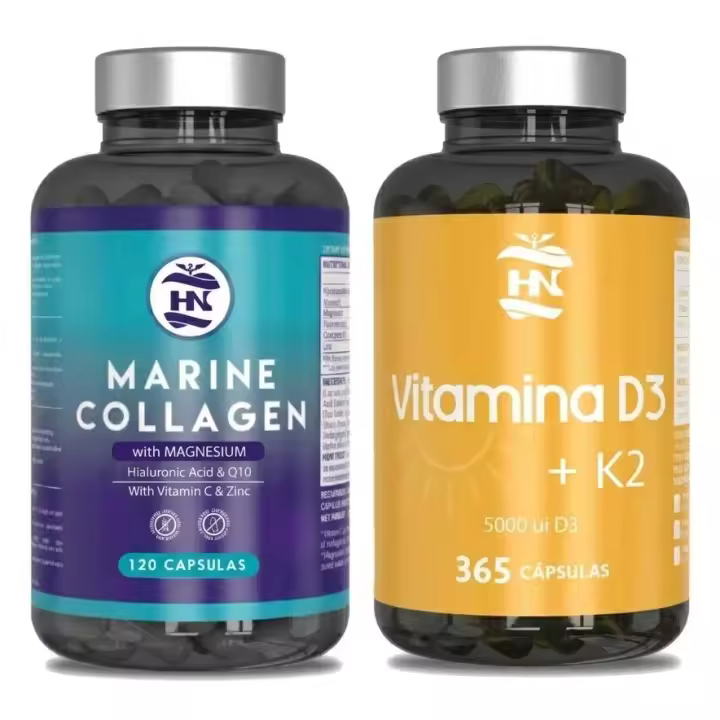 HN Healthy Nutrition Pack Colágeno Marino con Magnesio, Zinc y Vitamina C (120 Cáps) + Vitamina D3 5000 UI y K2 (365 Cáps) - 1