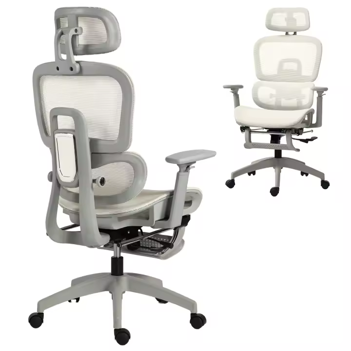 HOMCOM Silla de Oficina Ergonómica de Malla, Silla de Escritorio con Reposabrazos 3D, Reclinable a 135°, Reposacabezas Ajustable, Respaldo Alto, Soporte Lumbar, Reposapiés, Altura Ajustable, Beige - 1