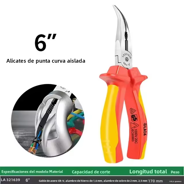 Alicates Aislados LAOA VDE 8 Pulgadas Nariz Curva Resistencia a Alta Tensión 1000V Cortador De Alambre Y Cable Herramienta Eléctrica - 1