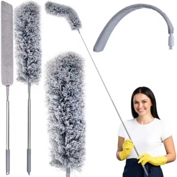 RUHHY Plumero para polvo telescópico con cabezales intercambiables, microfibra electrostática atrapa polvo, mango extensible para limpieza de techos, muebles y rincones, ideal para hogar y oficina, diseño flexible y lavable - 1