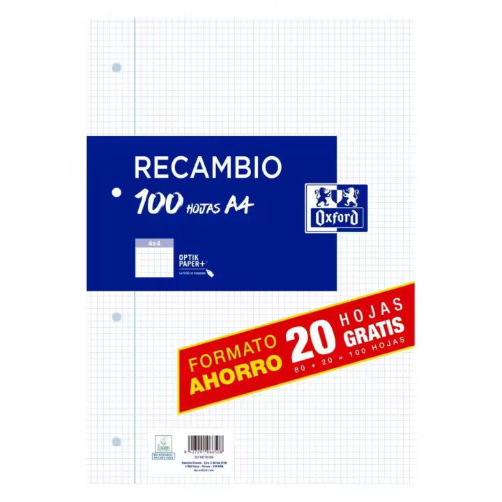 Recambio Oxford A4 80 + 20 hojas gratis - papel de 90 gr - cuadro 4mm 4 taladros. - 1