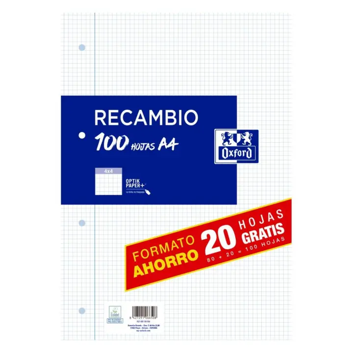 Recambio Oxford A4 80 + 20 hojas gratis - papel de 90 gr - cuadro 4mm 4 taladros. - 1