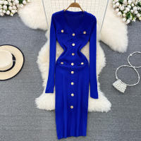 Vestido Midi De Punto REALEFT Para Mujer Con Cuello En V Manga Larga Y Falda Frontal Solta Estilo Casual Color Sólido Otoño Invierno - details 28
