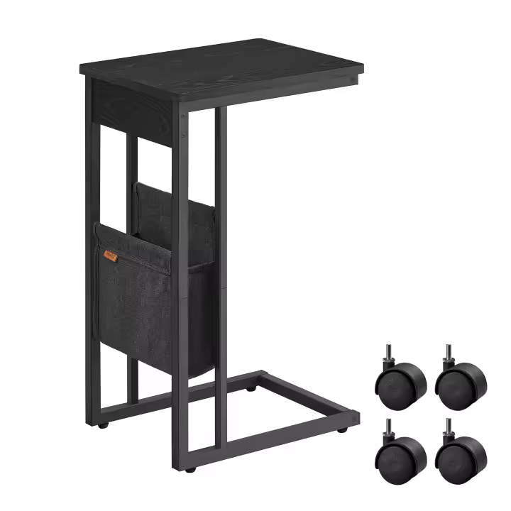 VASAGLE Mesa Auxiliar en Forma de C, Mesa de Sofá, Mesa para Espacios Pequeños, con Bolsa de Almacenamiento de Tela, Pies Ajustables y con Ruedas, para Sala de Estar, Negro Ébano/Blanco Crema - 1