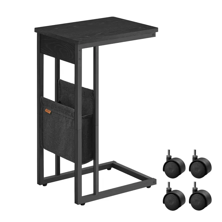VASAGLE Mesa Auxiliar en Forma de C, Mesa de Sofá, Mesa para Espacios Pequeños, con Bolsa de Almacenamiento de Tela, Pies Ajustables y con Ruedas, para Sala de Estar, Negro Ébano/Blanco Crema - 1