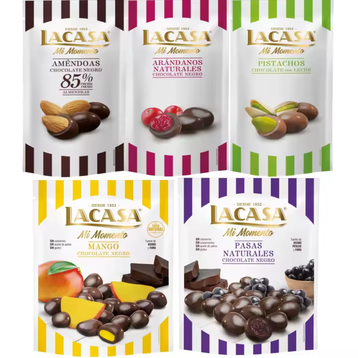 Lacasa Mi Momento pack de 5:Arándano  Negro 60 G,Pistacho  Leche 50 G,Almendra 85% 65 G,Pasas  Negro 150 G,Mango  Negro 115 G - 1
