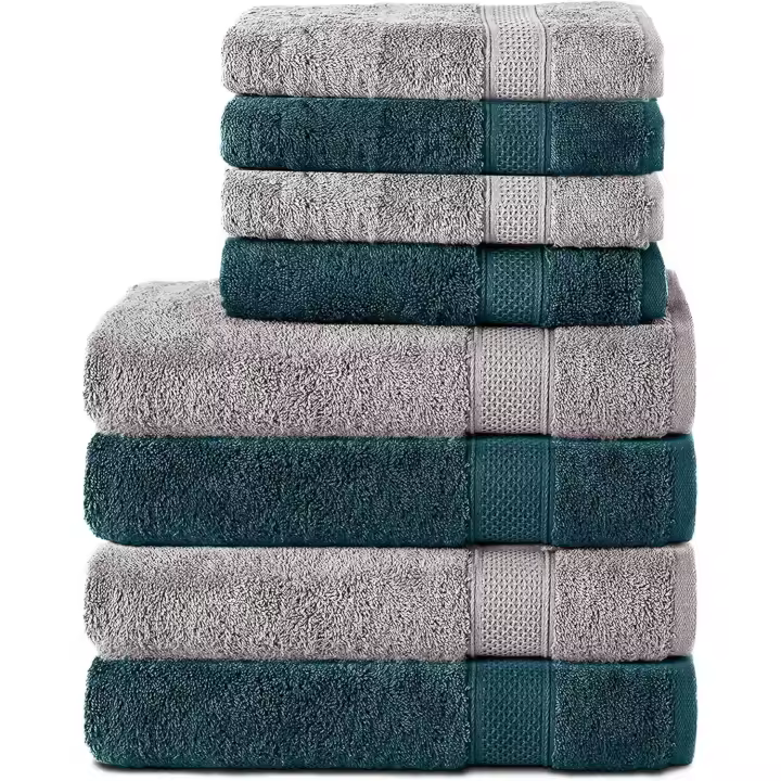 Juego de 8 Toallas de Mano de 100% Algodón, 4 Toallas de Baño de 70x140 cm Y 4 Toallas de Mano de 50x100 cm, de Rizo, Suaves, Grandes, color Plata/Azul Petróleo - 1