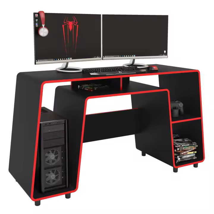 Mesa Gamer London en Negro y Rojo - 1 Estante, Gran Espacio para Torre de Ordenador, Melamina, 150,5 cm - 1