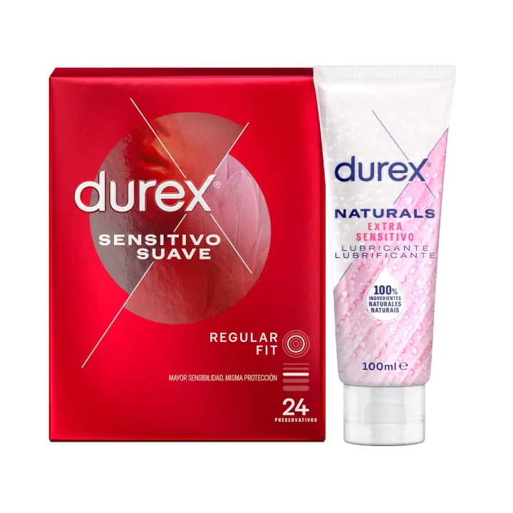 Durex - Lote 24x Preservativos Sensitivo Suave + Lubricante Naturals Extra Sensitivo 100 ml, Sexo Seguro. Perímetro Regular, Grosor Fino - 1