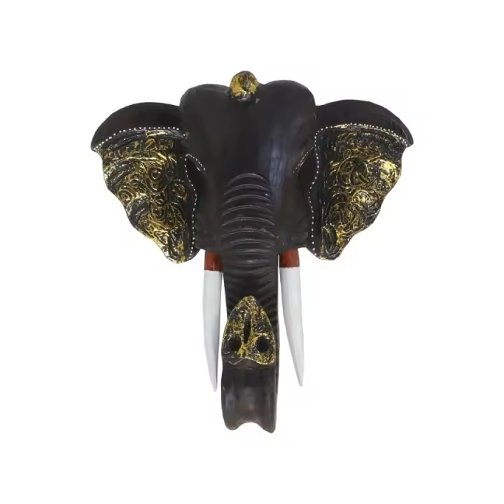 Escultura de Cabeza de Elefante Tallada en Madera - Decoración de Pared Étnica, Bohemia y Rústica - Protección, Sabiduría y Buena Fortuna - 30 cm - Gissed - 1
