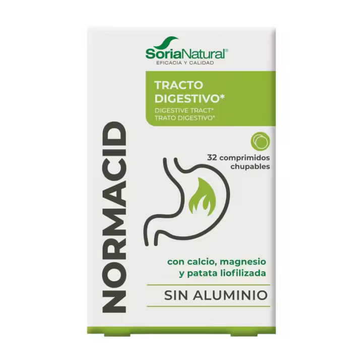 Normacid 32 comprimidos masticables Soria Natural, Acidez estomacal, Digestiones pesadas, Sistema digestivo. Antiácido natural, Magnesio, calcio y potasio. Sin aluminio - 1