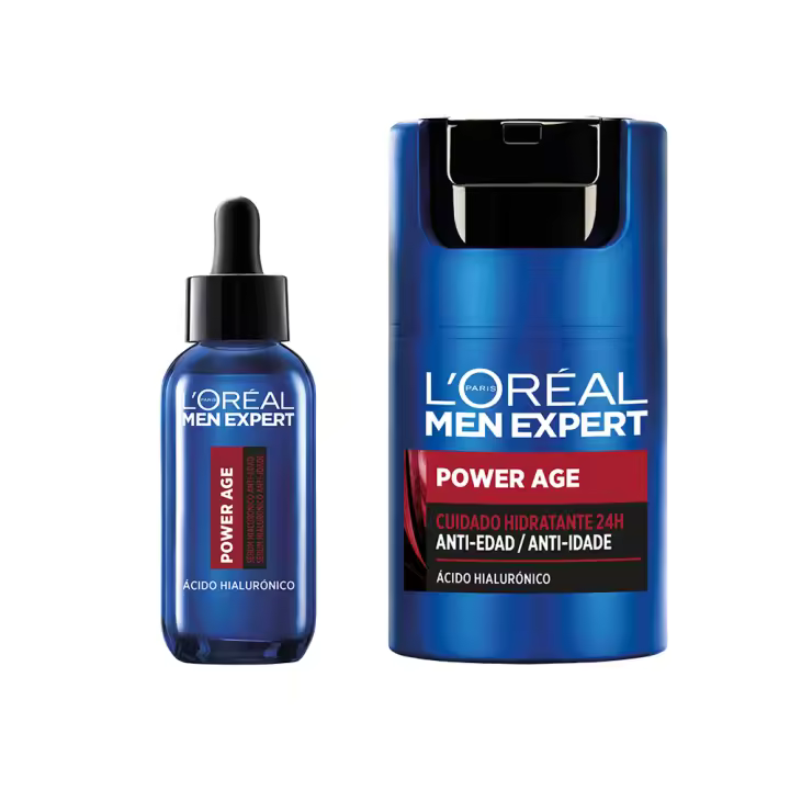 L'Oréal Men Expert POWER AGE Sérum hialurónico anti-edad. Formulado con ácido hialurónico que reafirma y reduce visiblemente arrugas 30ml + POWER AGE [Nuevo Pack Vitalift] cuidado hidratante 24h anti-edad mejorado con Ácido Hialurónico - 50 ml - 1