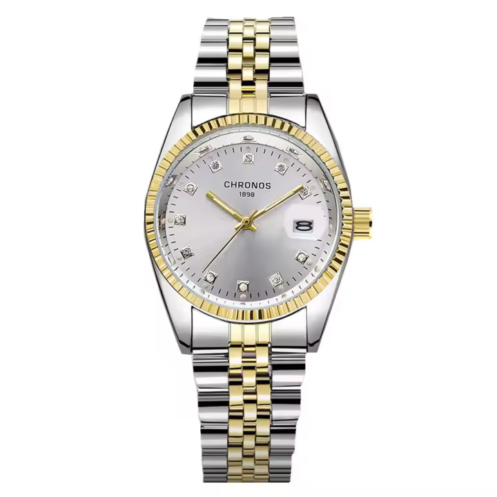 Reloj De Lujo Para Hombre CHRONOS Con Diamantes Resistentes Al Agua De Acero Inoxidable Calendario Bicolor Moda Y Casual - 1