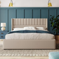 Cama de almacenamiento Cama tapizada Cama Doble hidráulica 140x200cm, colchón de látex, colchón de Muelles, somier de lámparas de Madera, somier de Estructura metálica, ropa de Cama, beige (con colchón) - details 8