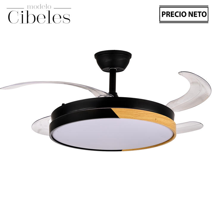Ventilador techo con luz cibeles negro, madera 4 aspas retráctiles, material metal, acrílico, medidas 106x36-53 cm… — oferta en Miravia