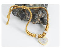 Encanto Pulsera de acero de titanio con forma de corazón de amor retro, colgante de corazón con cuentas de gran agujero, chapado en acero de titanio con oro de 18 quilates, joyería para mujer - details 9