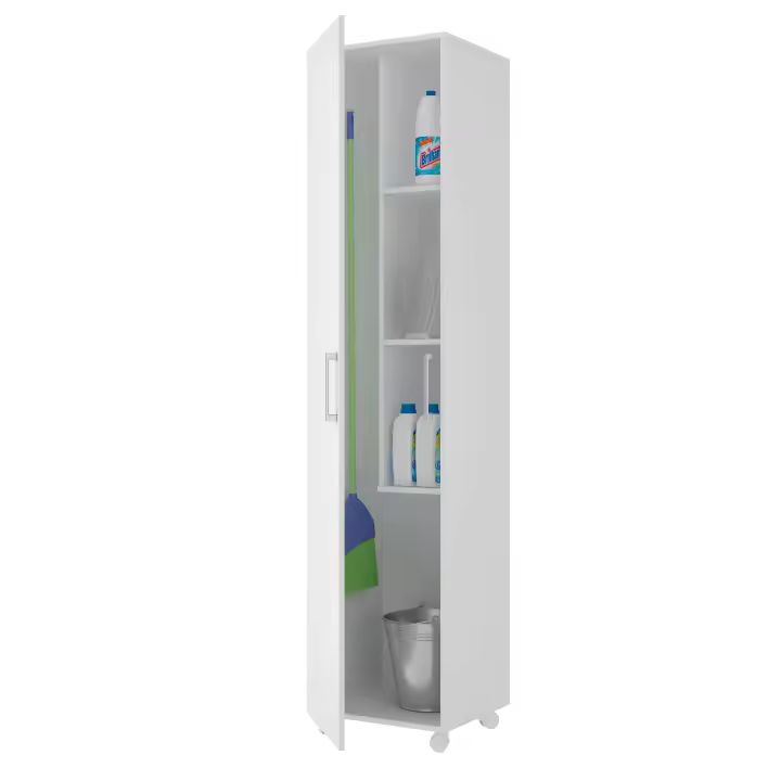Buyqualia Armario hogar escobero multiusos con ruedas o patas de una puerta con apertura a derecha e izquierda en color blanco con estantes para productos de limpieza, cubo y fregona ( alto 183 / ancho 42 / fondo 41 ) - 1