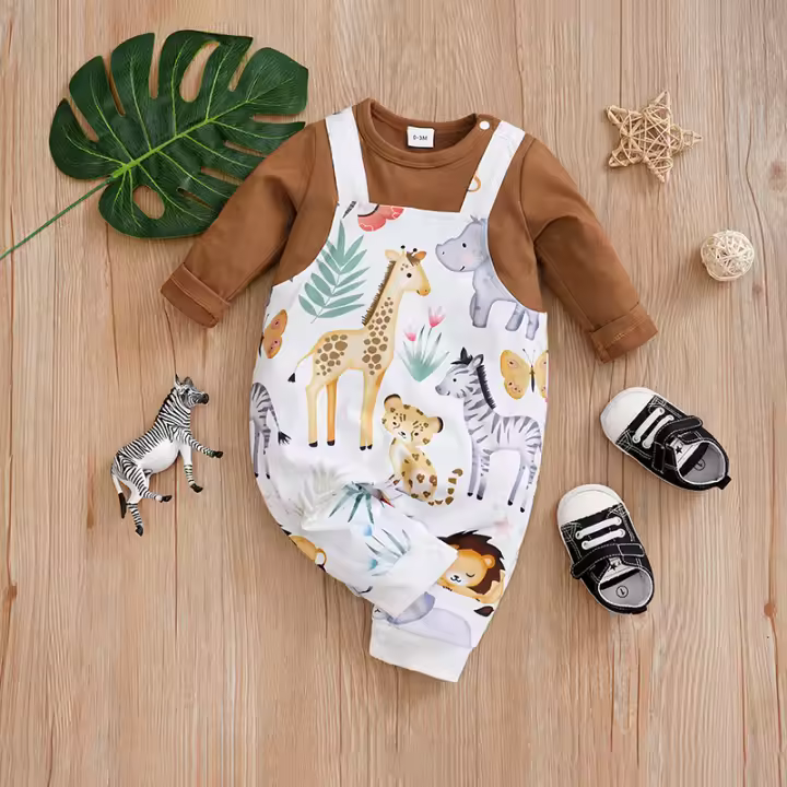 Rompecabezas De Bebé Recién Nacido Con Diseño De Dibujos Animados Y Estampado De Animales Suave Y Cómodo Para Primavera Y Otoño Con Mangas Largas Romper Unisex - 1