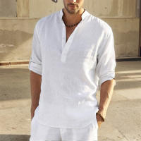 Camisa Casual Para Hombre Algodón Lino Manga Larga Cuello En Pie Moda Ajustada Top Hermoso Para El Hogar Y Compras - details 6