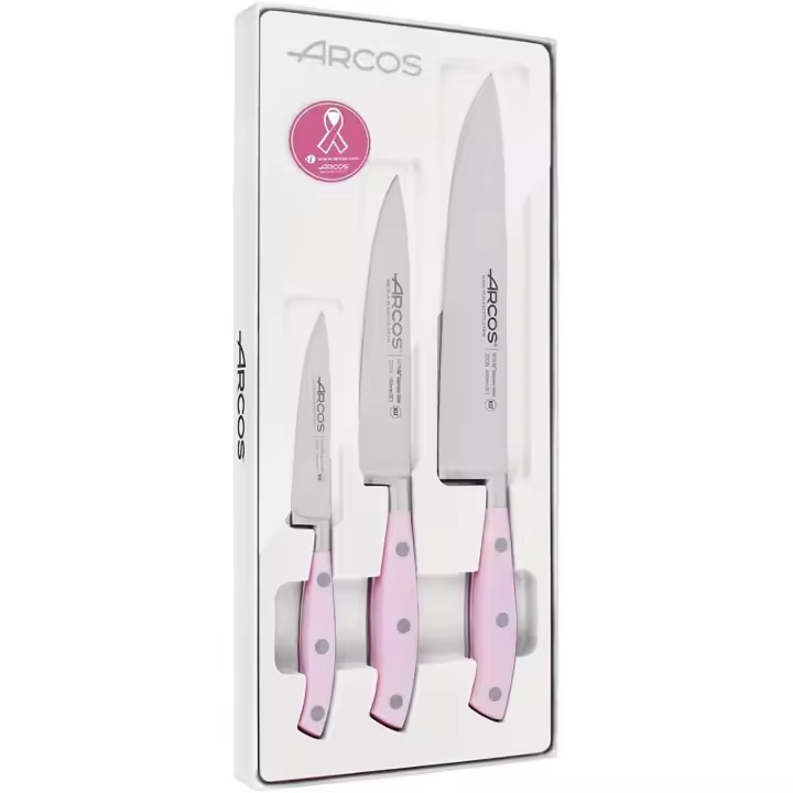 ARCOS Set Cuchillos Cocina Forjados Profesionales  3 Unidades  Cuchillo Pelador  Cuchillo Cocina  Cuchillo Cocinero  Estuche Regalo  Mango Ergonómico Polioximetileno, Serie Riviera, Color Rosa - 1
