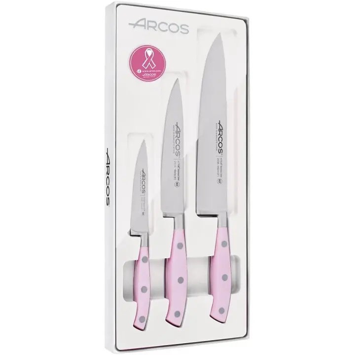 ARCOS Set Cuchillos Cocina Forjados Profesionales  3 Unidades  Cuchillo Pelador  Cuchillo Cocina  Cuchillo Cocinero  Estuche Regalo  Mango Ergonómico Polioximetileno, Serie Riviera, Color Rosa - 1