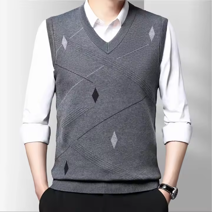 Suéter De Casual Para Hombre Chaqueta Sin Mangas Gruesa Para Otoño E Invierno Suéter De Lana Técnica Estilo Inteligente Con Patrón Geométrico - 1