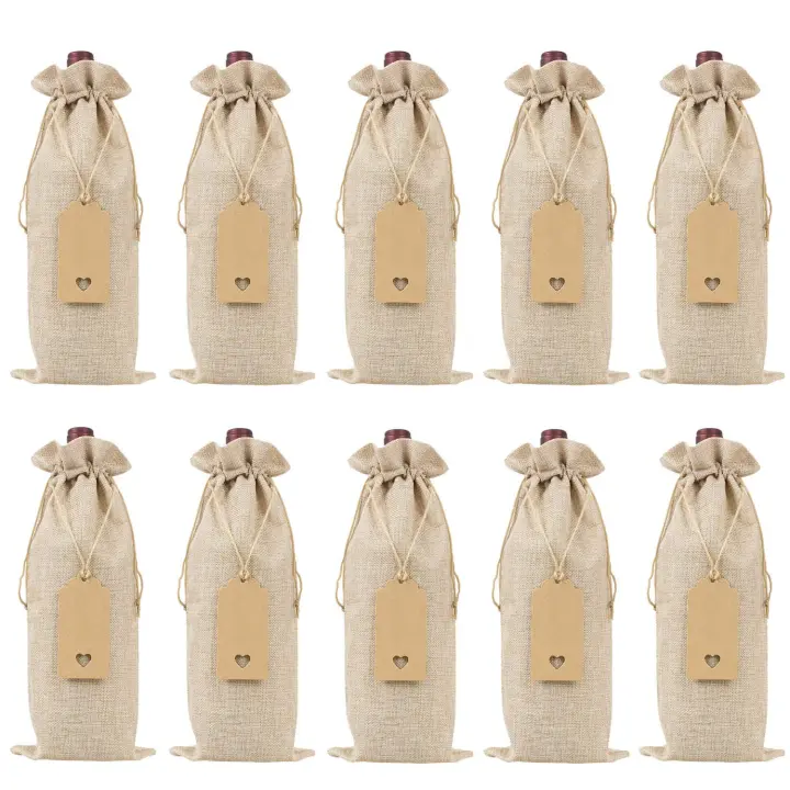 Bolsas de arpillera para vino, bolsas de regalo con cordones, cubiertas reutilizables individuales para botellas de vino con cuerdas y etiquetas, 10 piezas - 1