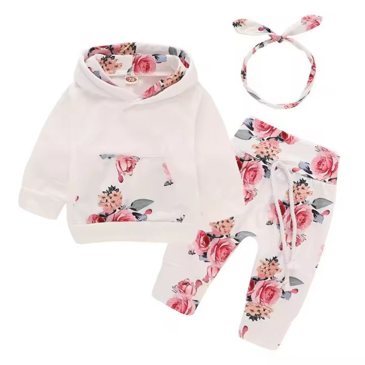 Conjunto De Ropa Para Bebé Niña De 0 a 18 Meses Con Capucha Estampado De Flores Top De Manga Larga + Pantalones + Diadema Con Lazo Moda Otoño - 1