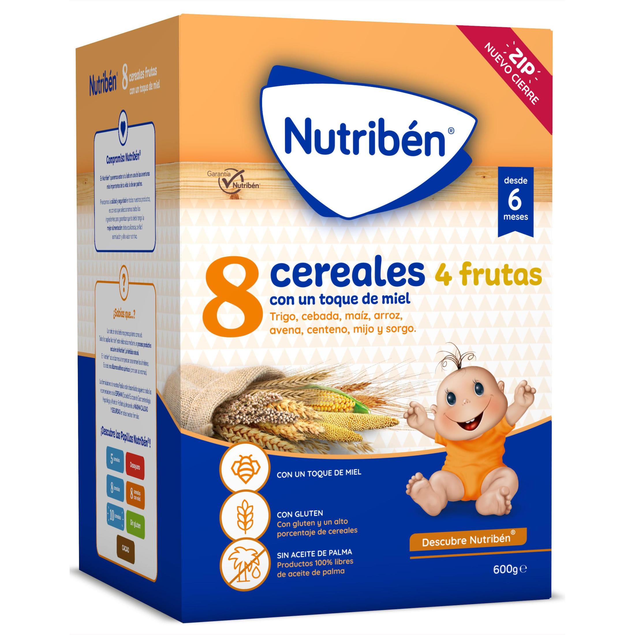 Nutribén - Papilla de Cereales Bebe - 8 Cereales con un Toque de Miel y 4 Frutas [ Naranja, Manzana, Piña y Plátano ] - Cereales desde los 6 Meses - 600Gr