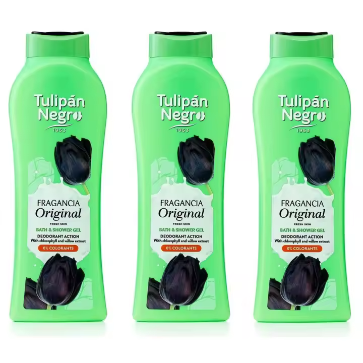 TULIPAN NEGRO, Gel de Baño y Ducha Original 650ml (Pack de 3x650ml), Tulipán Negro, Máxima Hidratación y Suavidad para la Piel de toda la Familia, Con extracto de Sauce y Clorofila Fresh Skin, Acción Desodorante y Protectora Con la Fragancia de Siempre, - 1