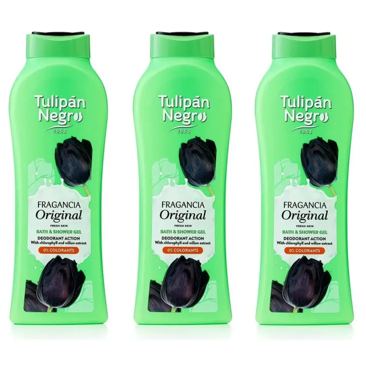TULIPAN NEGRO, Gel de Baño y Ducha Original 650ml (Pack de 3x650ml), Tulipán Negro, Máxima Hidratación y Suavidad para la Piel de toda la Familia, Con extracto de Sauce y Clorofila Fresh Skin, Acción Desodorante y Protectora Con la Fragancia de Siempre, - 1