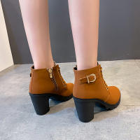 Botas De Tacón Alto Para Mujer 2023 Primavera Invierno Calidad Superior Con Cordones Modernas Europeanas PU Botines De Tacón Con Entrega Rápida - details 3