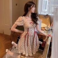Vestido Corto Elegante De Verano Para Mujer Con Estampado De Flores Estilo Mori Manga Corta Puff Con Volante Y Lazo Collar Cuadrado - details 3