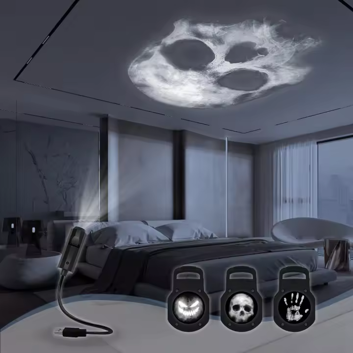 Lámpara De Proyección De Cráneo LED Con Diseño De 1+3 Patrones Regulables Luz Nocturna Para Decoración De Paredes Y Techo Habitaciones Regalo De Halloween - 1